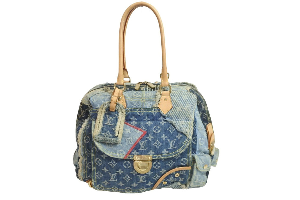 Louis Vuitton Bowley Tote Bag Patchwork Handbag Gold Blue